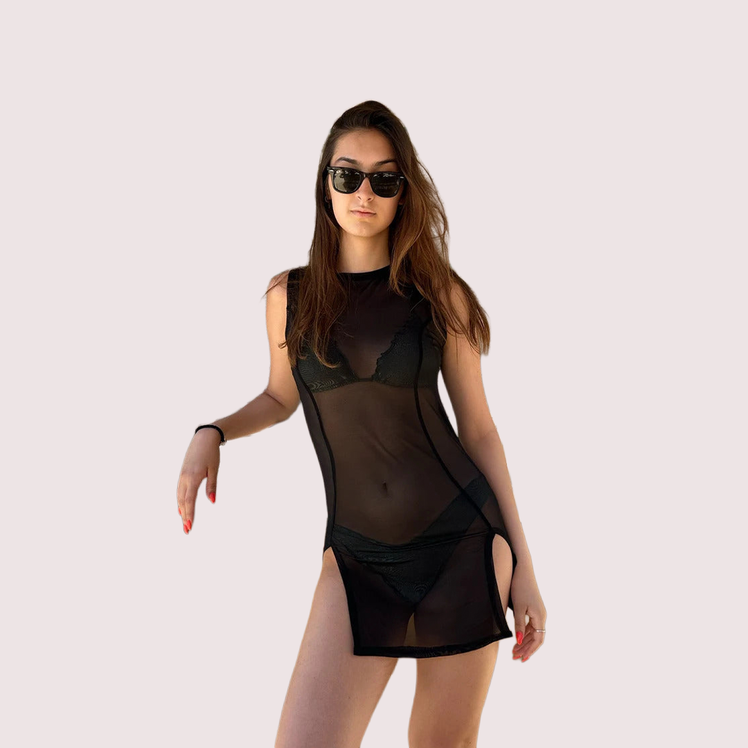 Sheer Black Mini Dress with Dual Open Slits