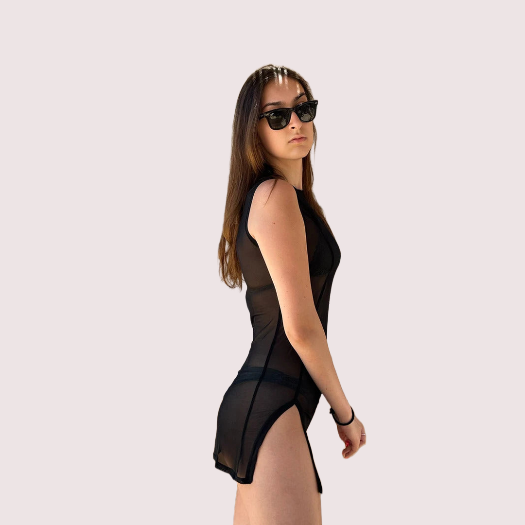 Sheer Black Mini Dress with Dual Open Slits