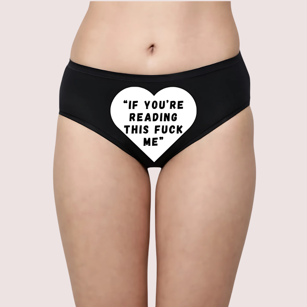 Black panty with a white heart-shaped text 