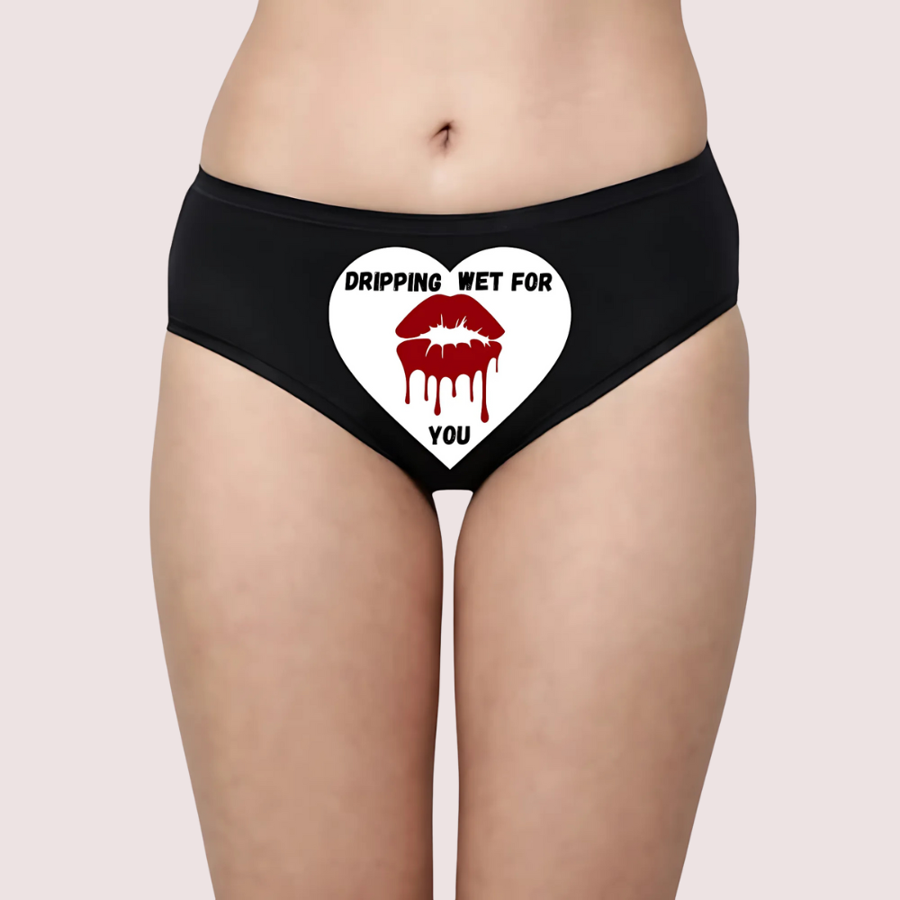 Black underwear with a graphic design on a plain background