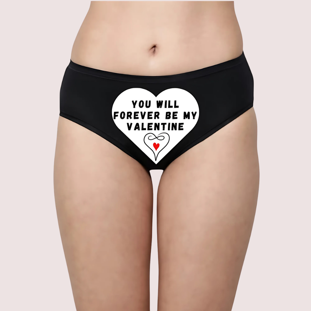 Black underwear with a heart-shaped text design on a plain background