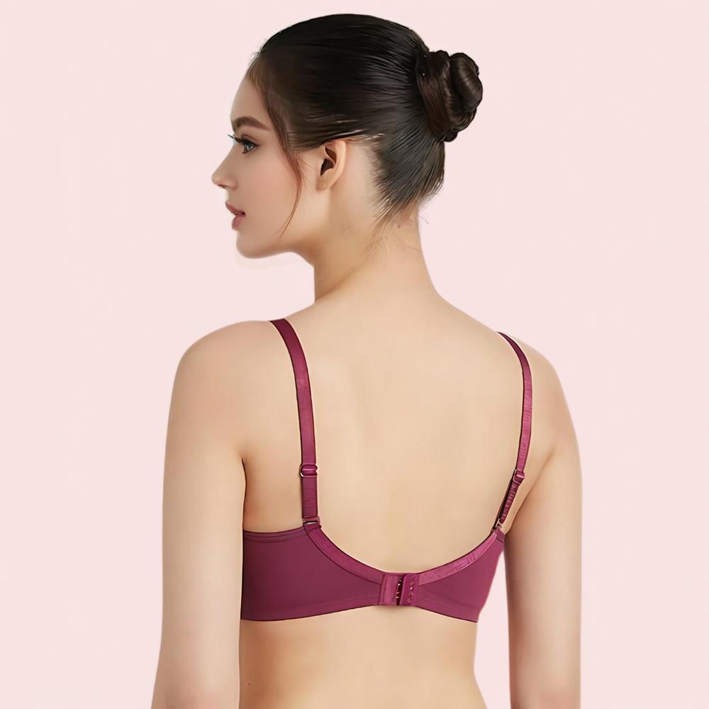 Woman wearing a purple bra back side