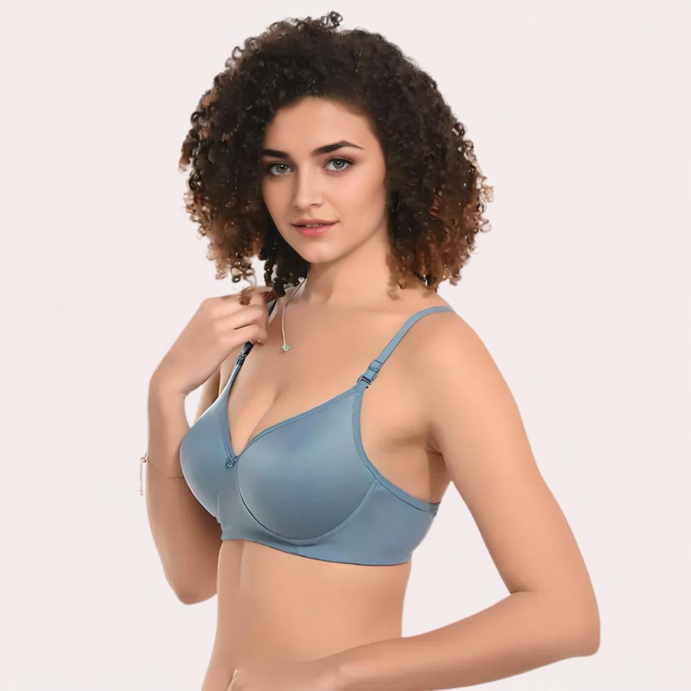 Woman wearing a light blue bra 