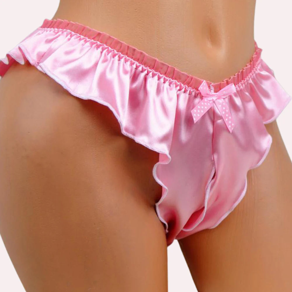 Pink satin babydoll with ruffles on a white background