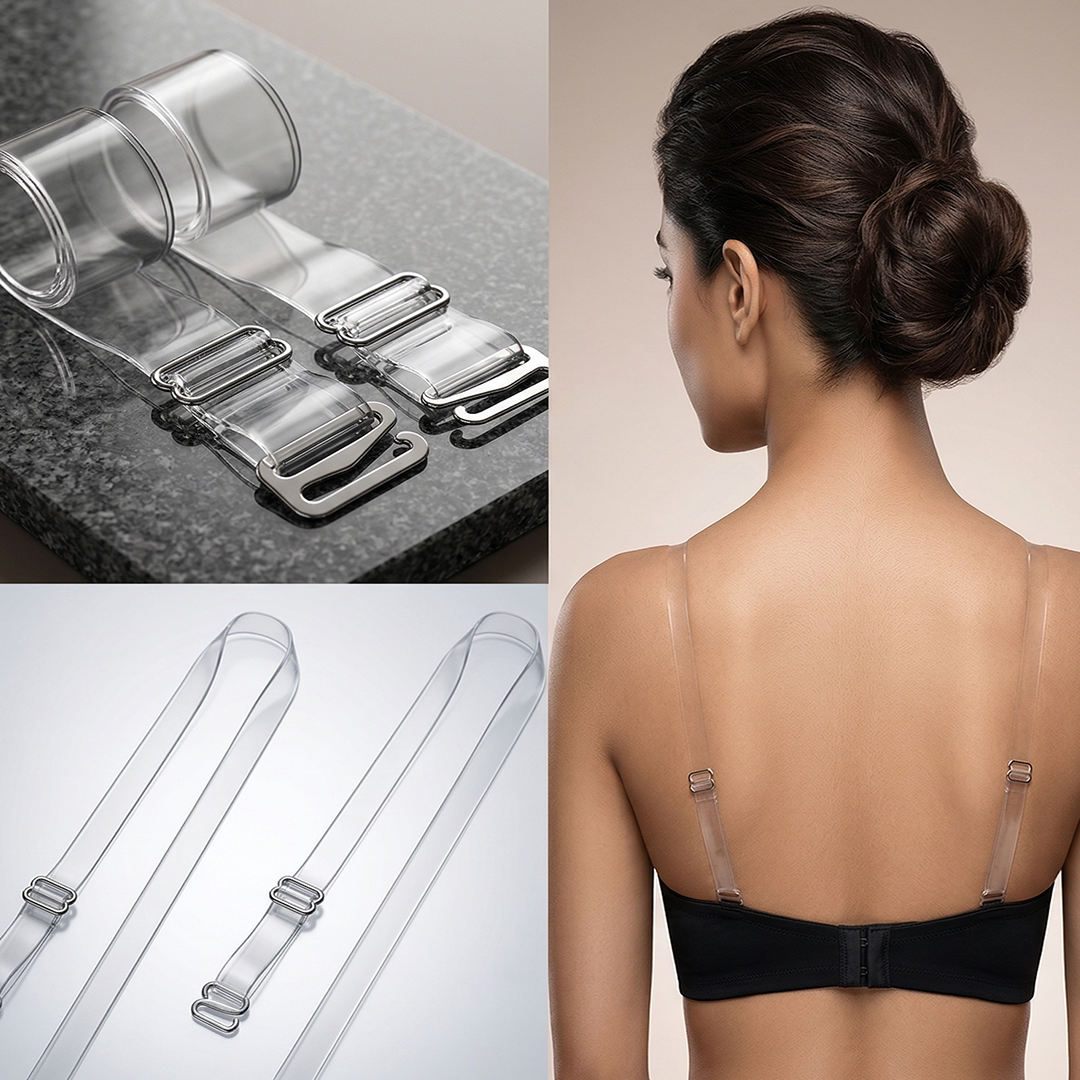 Collage of clear shoulder straps, metal buckles, and a woman wearing a black bra with straps.