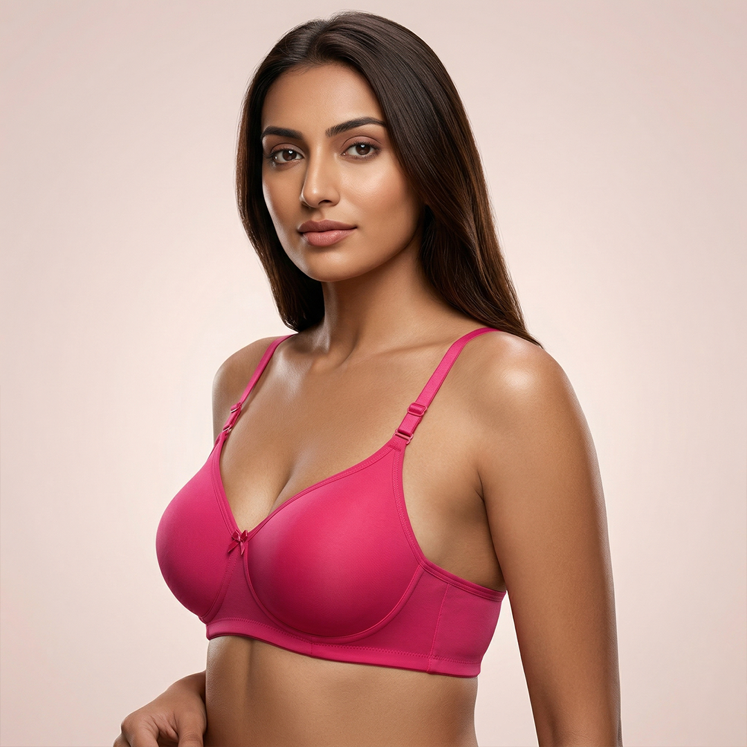 Woman wearing a pink bra against a beige background