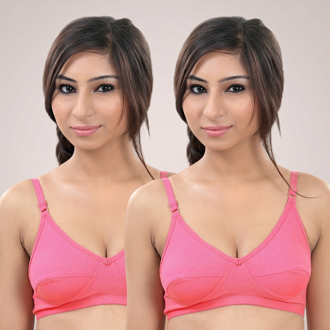 Two images of a woman wearing a pink bra against a plain background