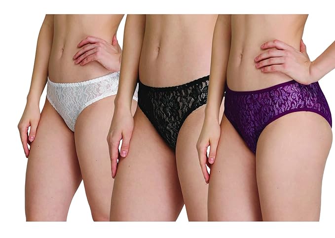 Three pairs of women's underwear in white, black, and purple on a plain background.