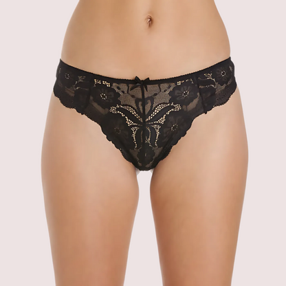 Female Black Floral Transparent Lace High Waist Thong