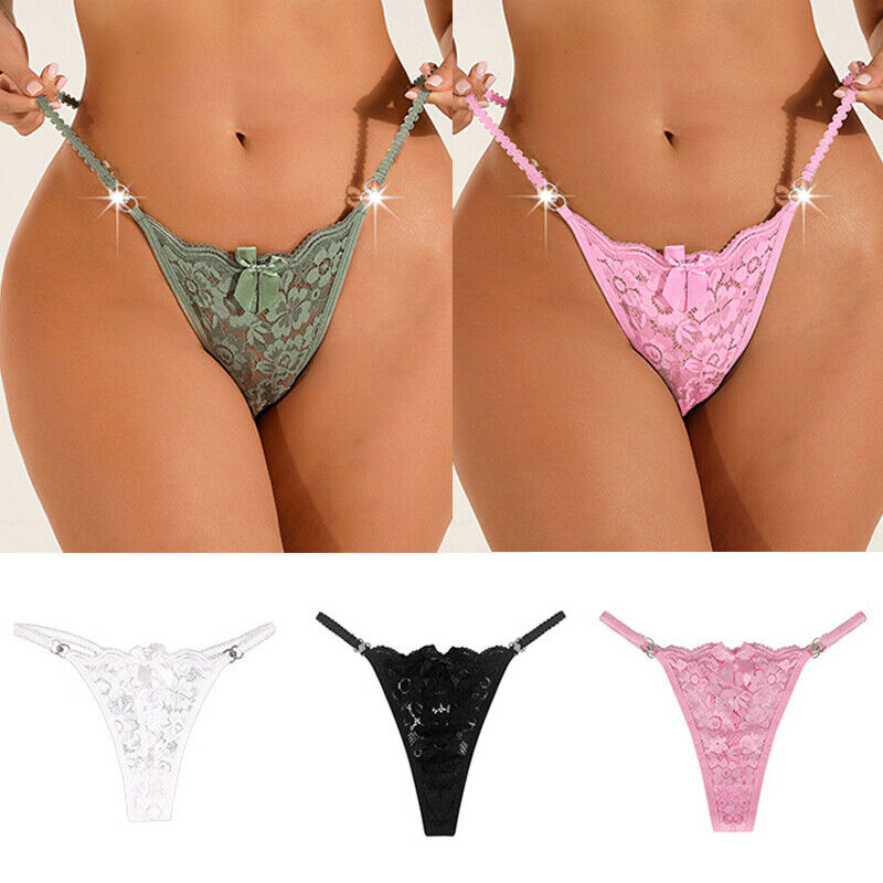 Two pairs of lace thongs in green and pink, with additional pairs shown below on a white background.