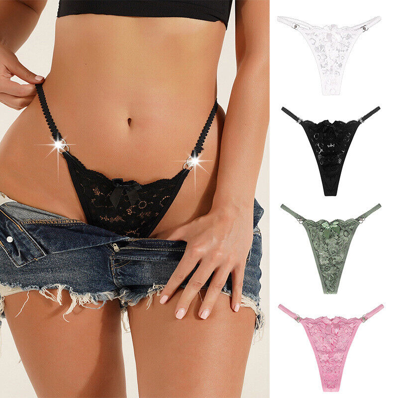Black lace thong worn by a person with additional thongs displayed on the right.
