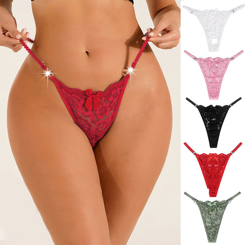 Red lace thong with sparkling embellishments worn by a model, with additional color options displayed.