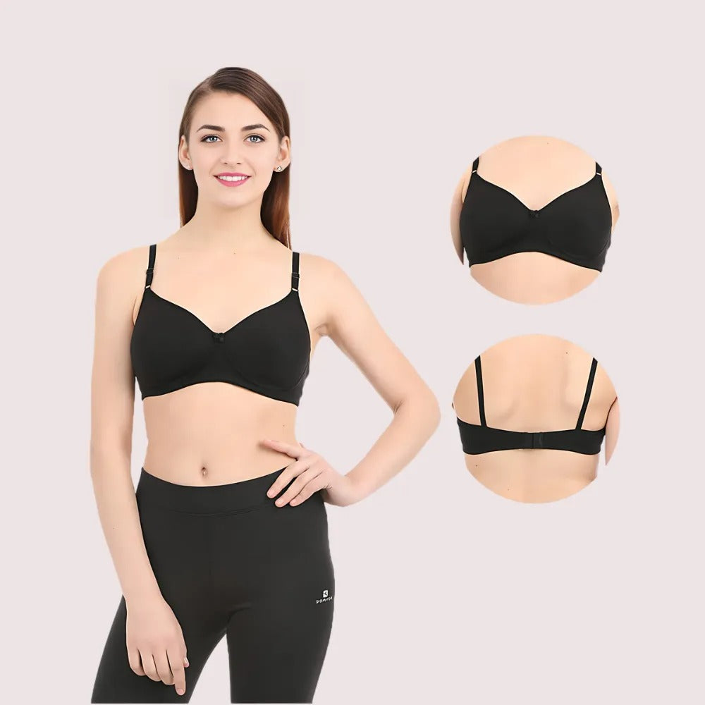 Woman wearing a black bra with insets showing front and back views on a light pink background