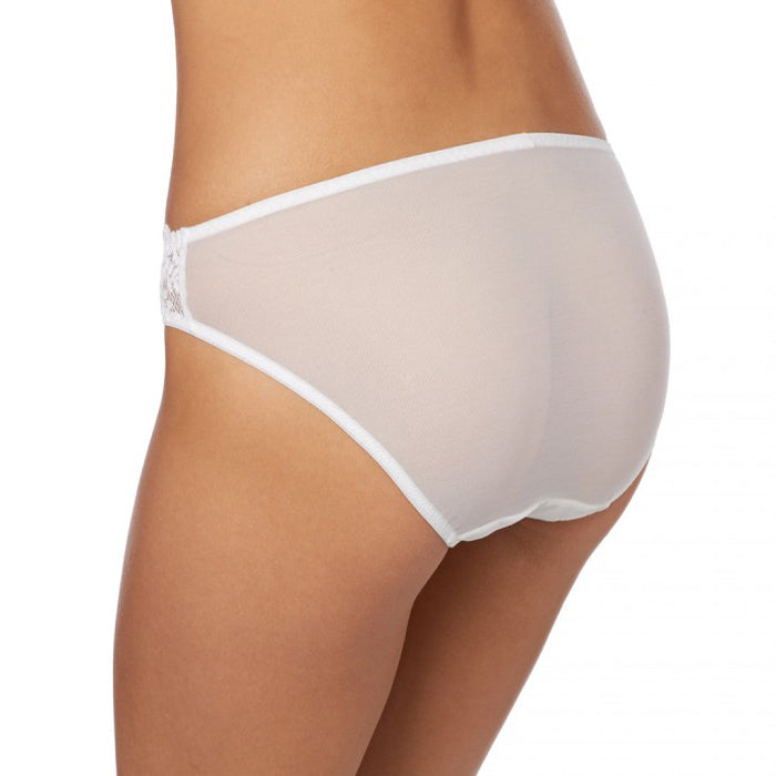 Beige lace thong on a white background