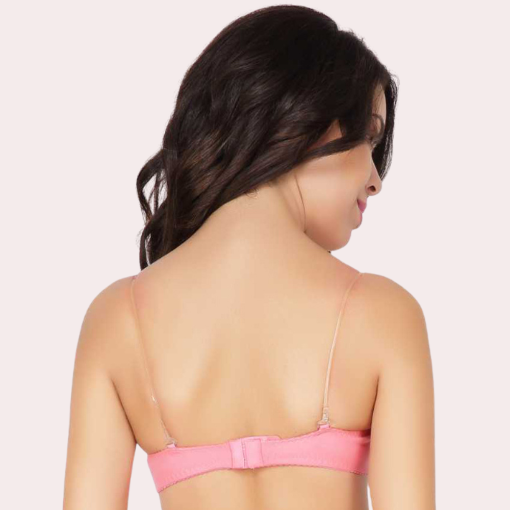 Woman wearing a pink bra back side 