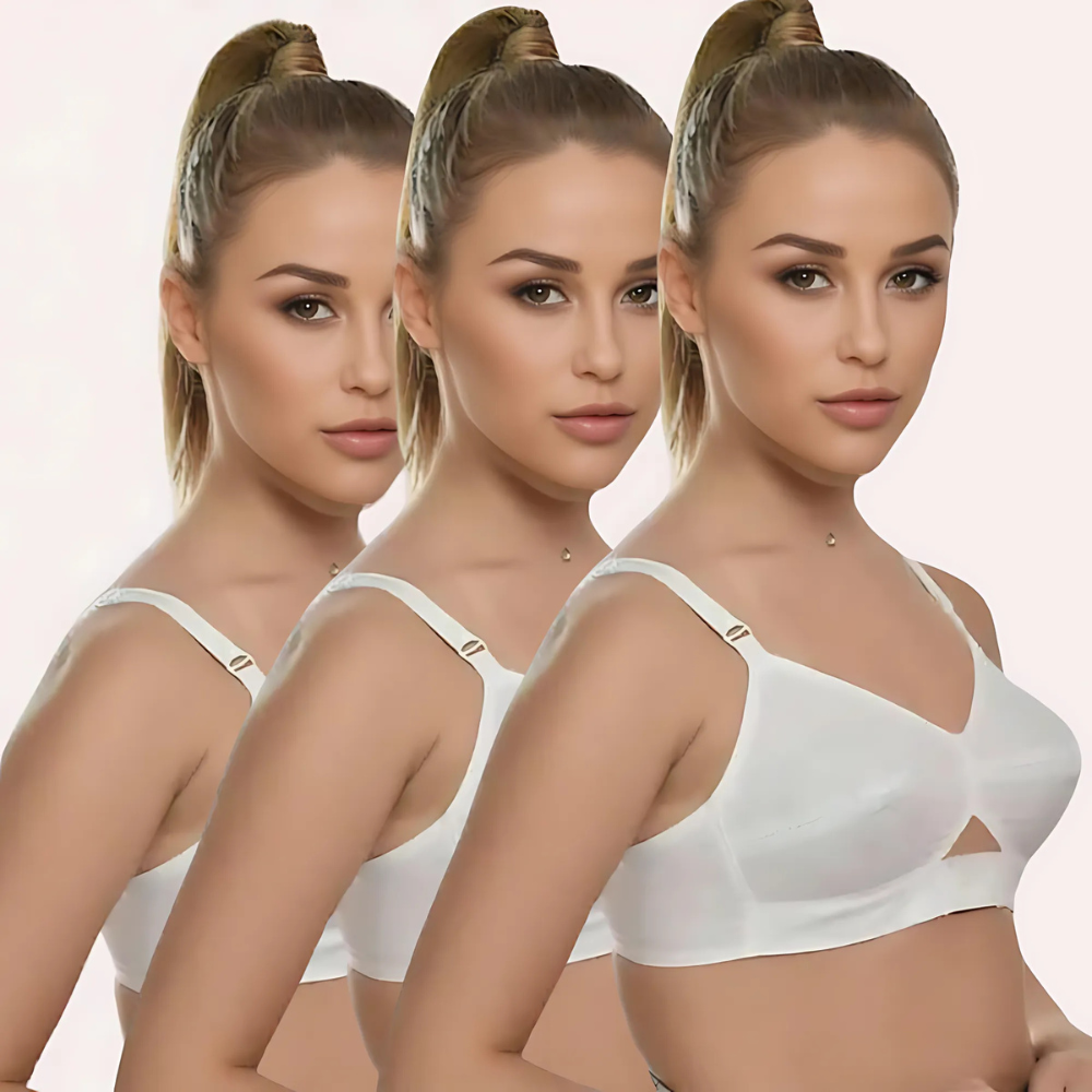 Three identical images of a woman wearing a white bra 