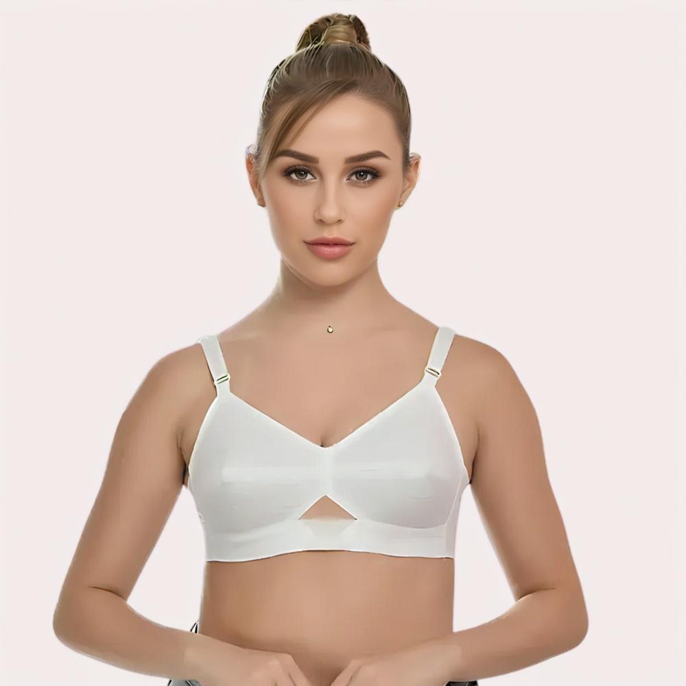 Woman wearing a white bralette 
