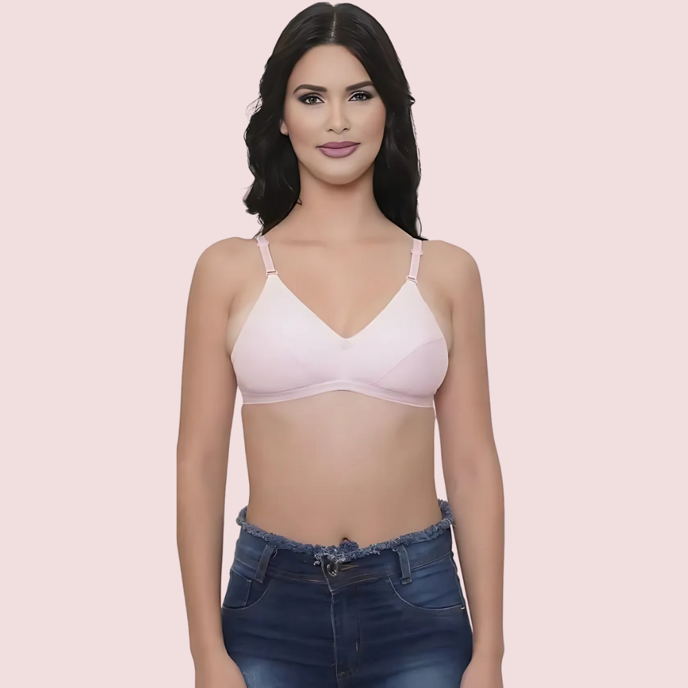 Woman wearing a light pink bra