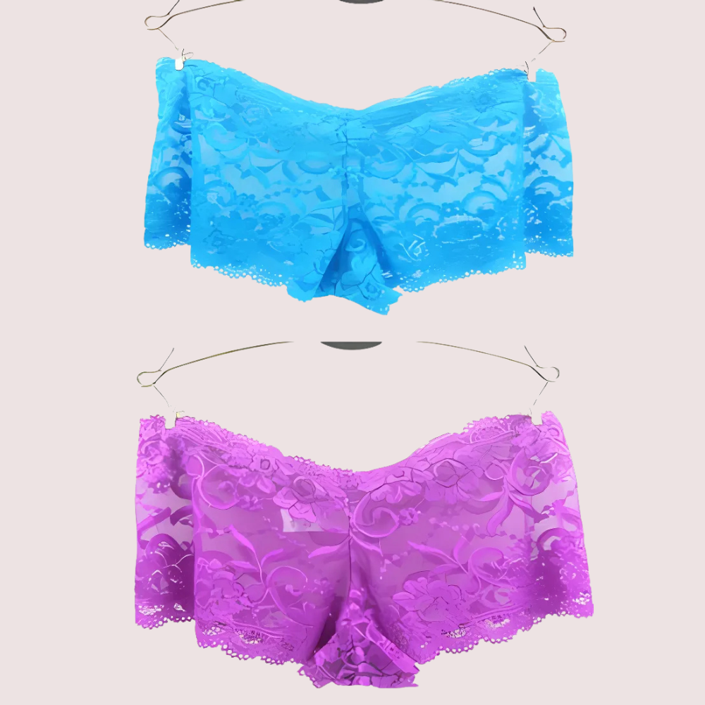Blue and purple lace lingerie sets on hangers against a white background