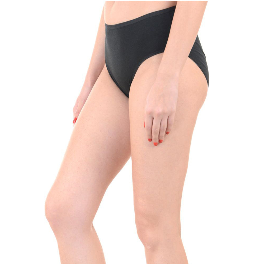 Person wearing black high-waisted bikini bottoms on a white background