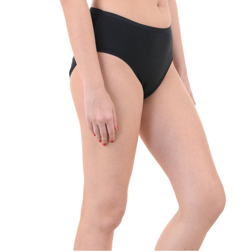 Person wearing black high-waisted bikini bottoms on a white background