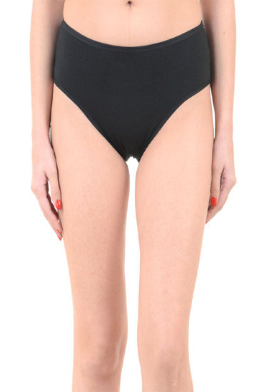 Person wearing black high-waisted bikini bottoms on a white background