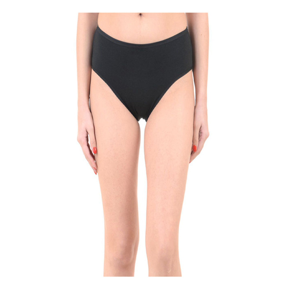 Black high-waisted bikini bottom on a white background