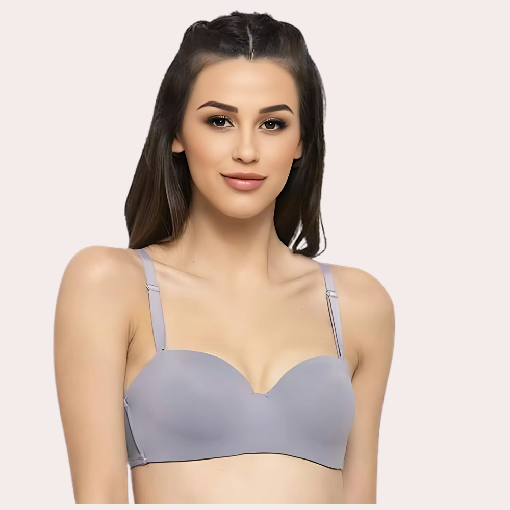Woman wearing a gray bralette