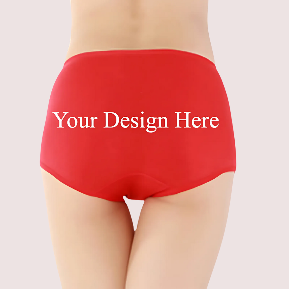 Red underwear with 'Your Design Here' text on a plain background
