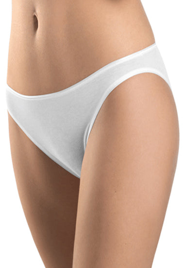 Plain Comfy white bikini brief on female model for everyday comfort and smooth fit