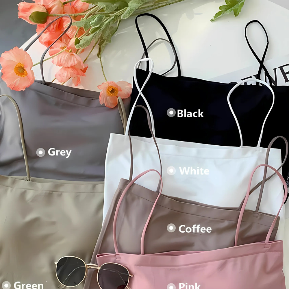 Set of four strappy tops in different colors with a white background.