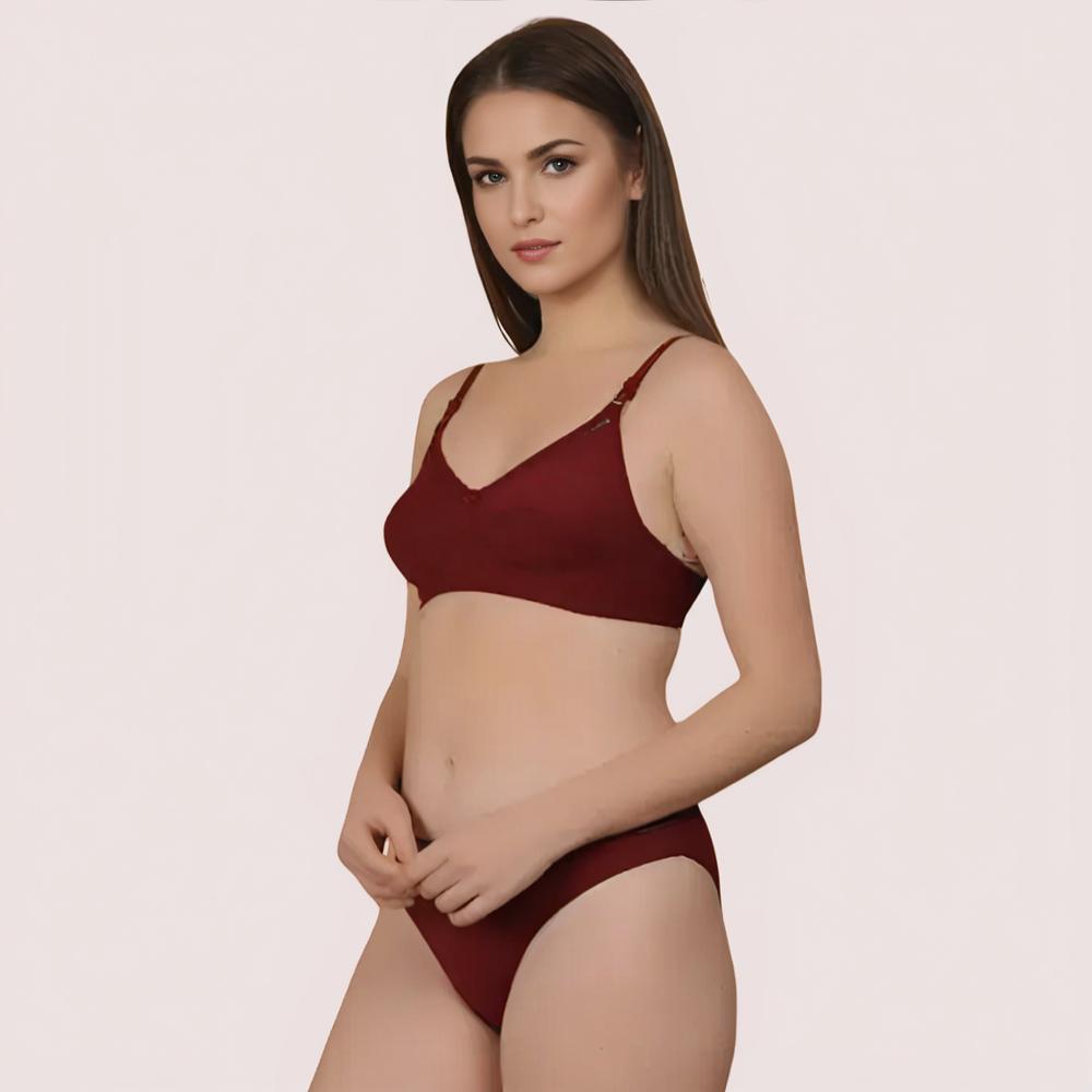 Woman wearing a burgundy bikini set 