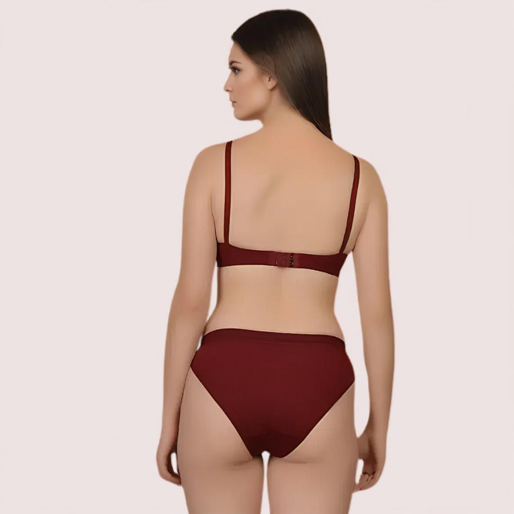 Woman wearing a burgundy bikini set back side image