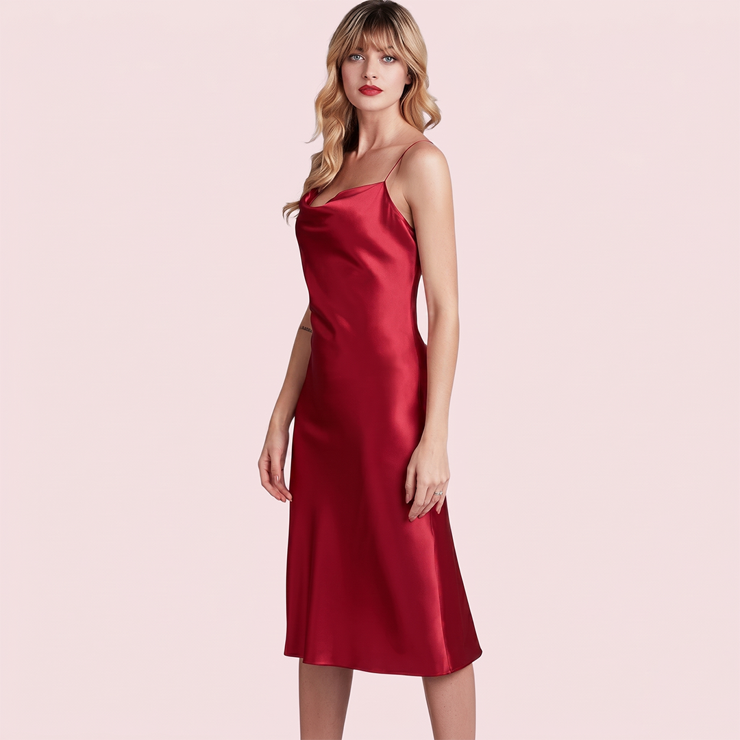 Woman wearing a red satin dress on a pink background