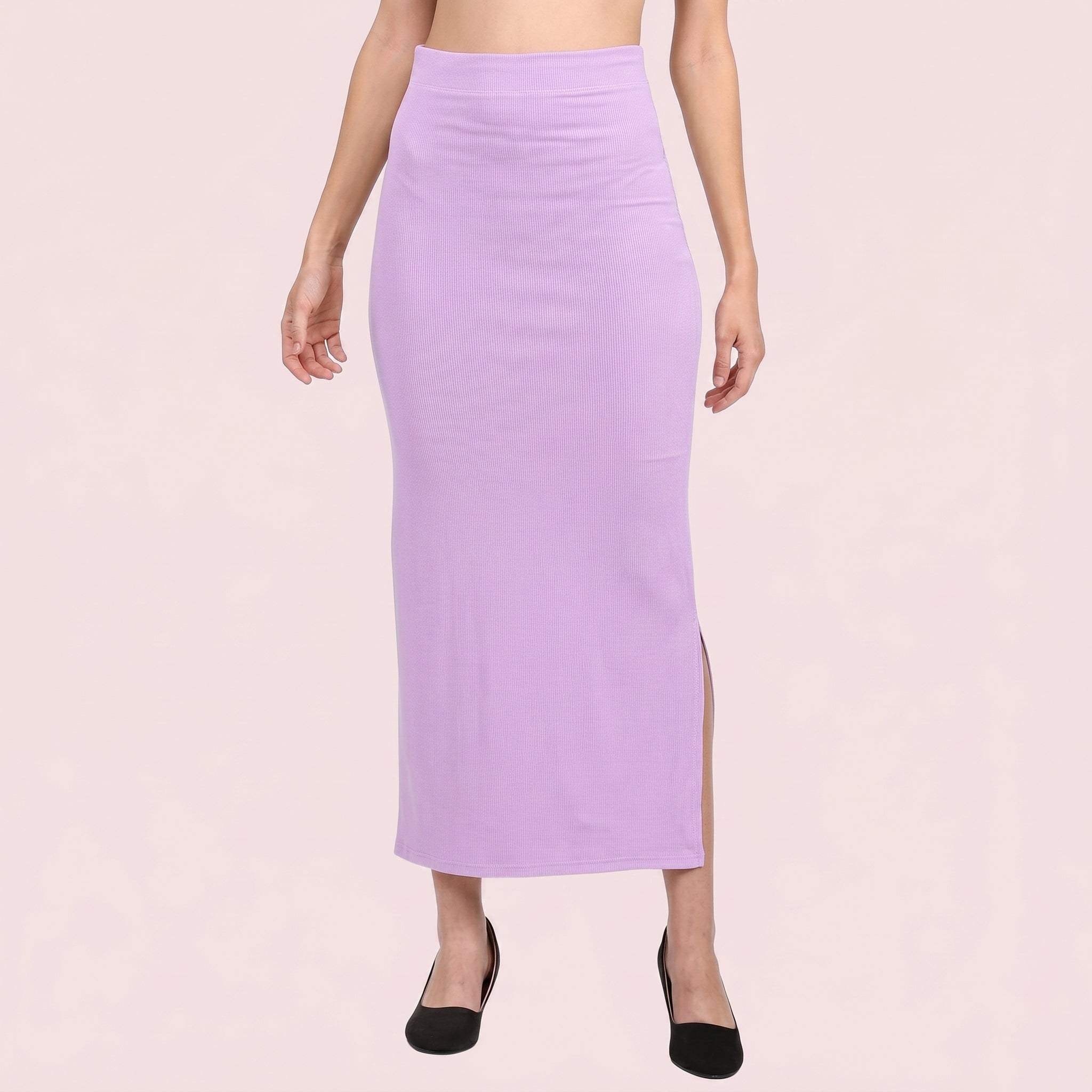 Lavender pencil skirt worn by a person on a light pink background