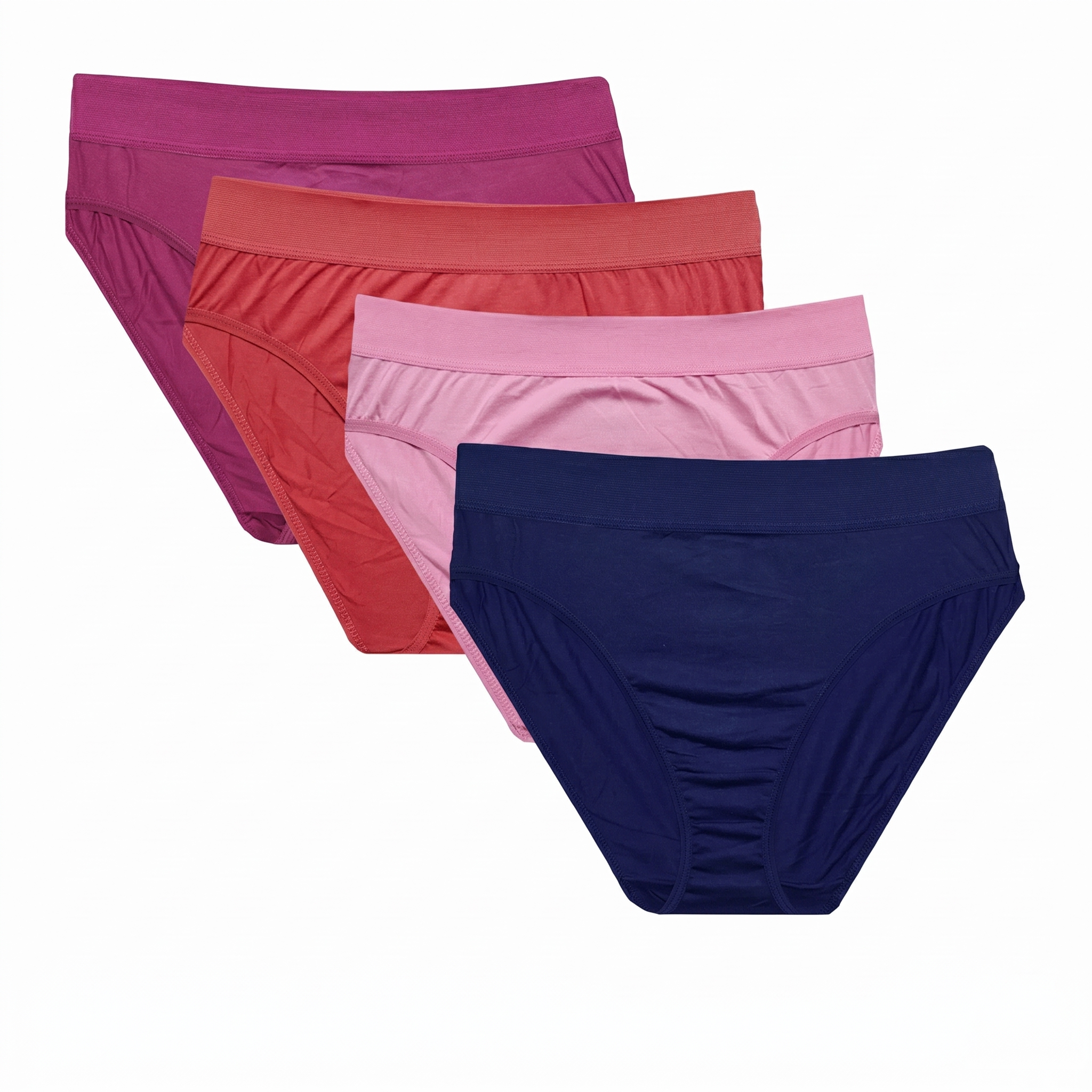 Four pairs of women's underwear in different colors on a white background