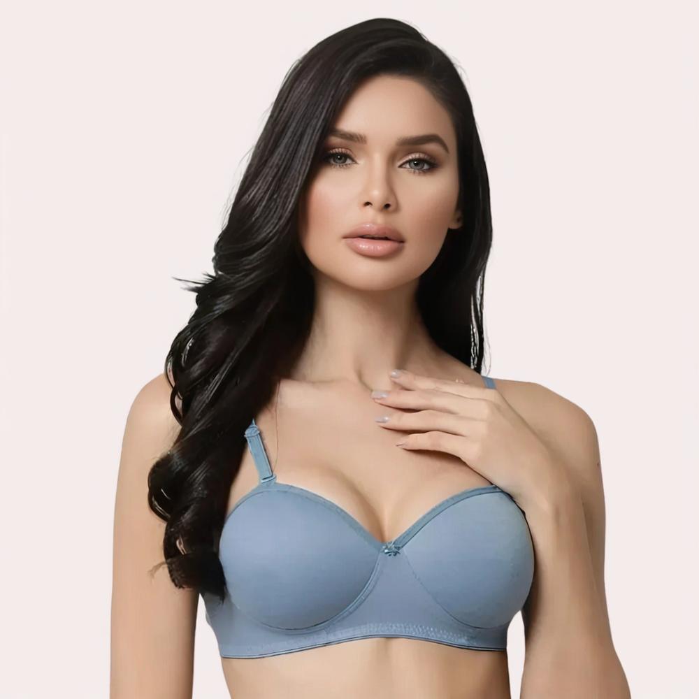 Woman wearing a light blue bra 