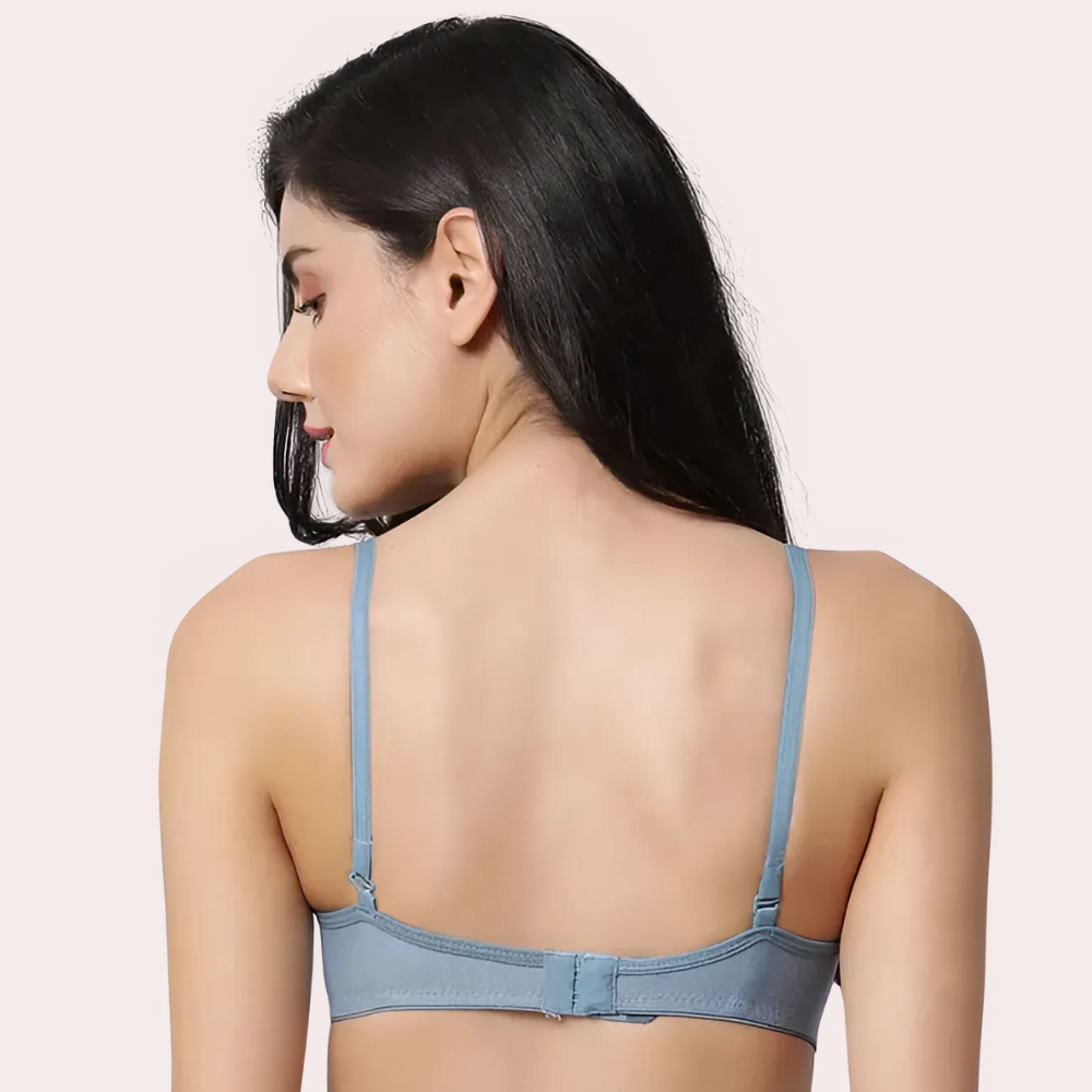 Woman wearing a light blue bra 