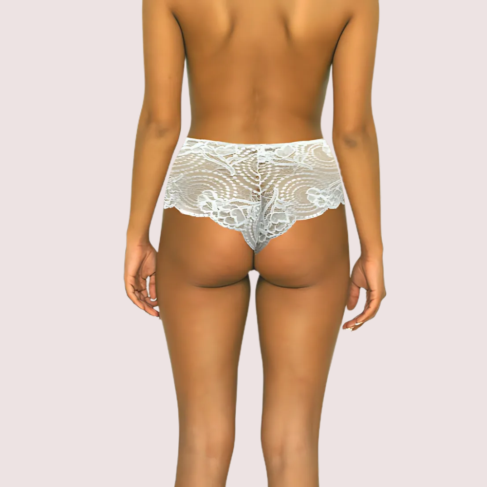White lace underwear worn by a person on a light gray background