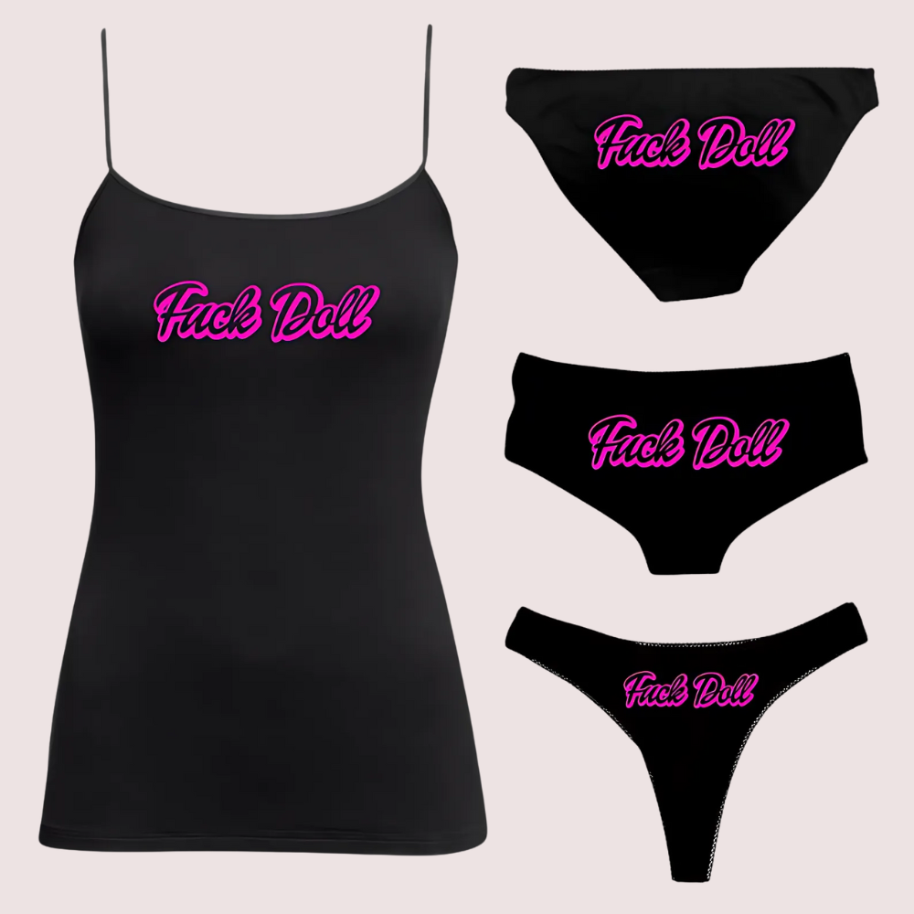 Black lingerie set with 'Fuck Doll' text in pink on a light gray background