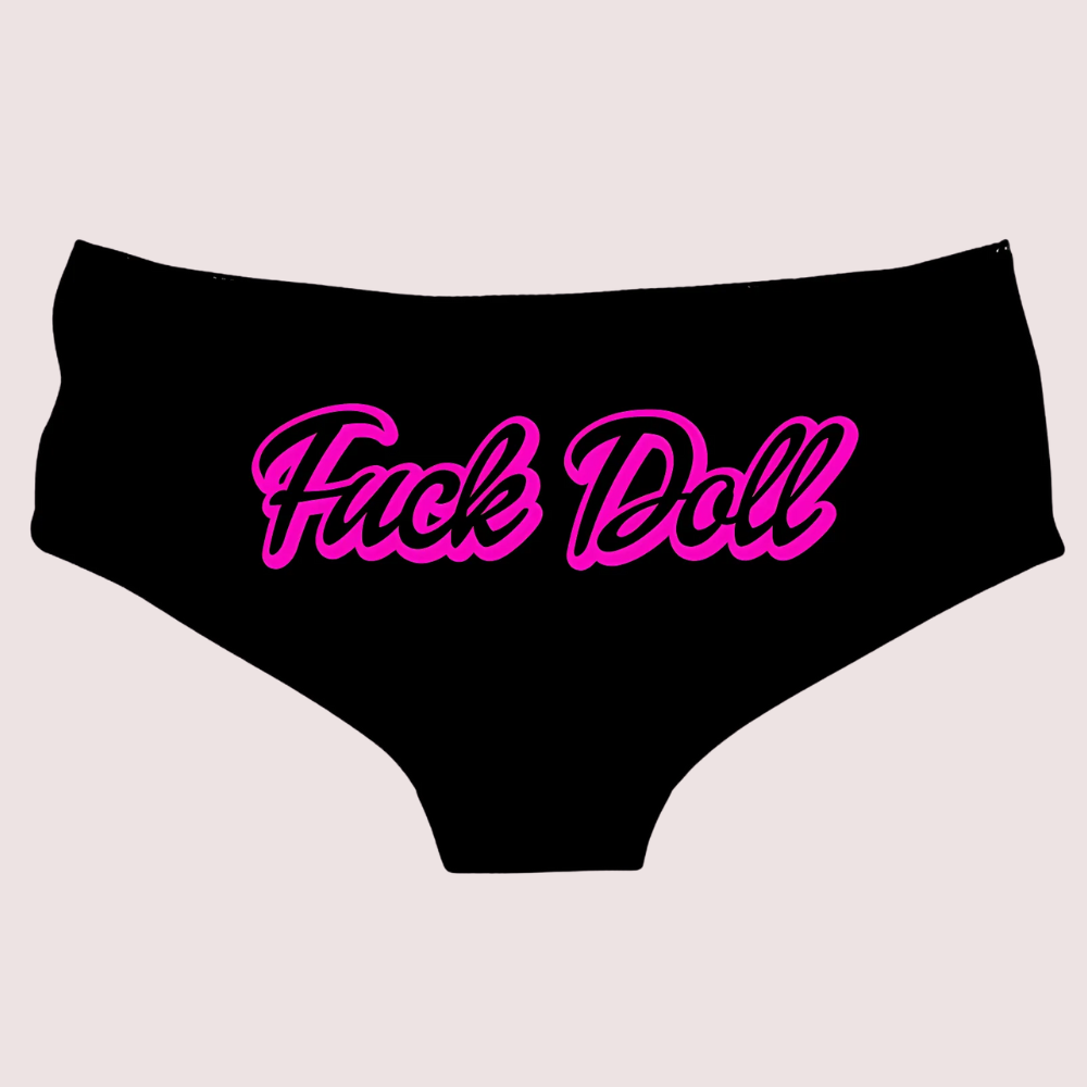 Black underwear with pink text on a light pink background