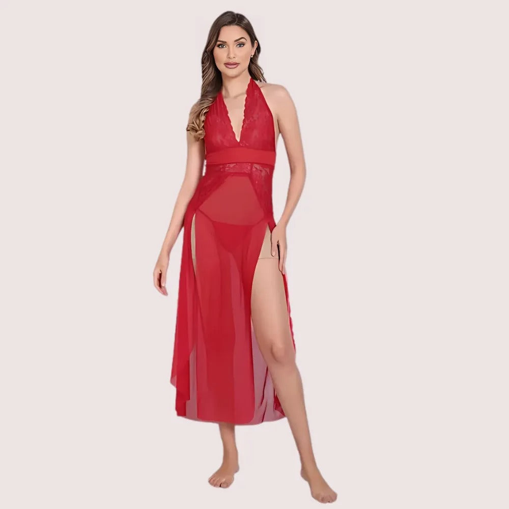 Woman wearing a red dress with a slit on a beige background