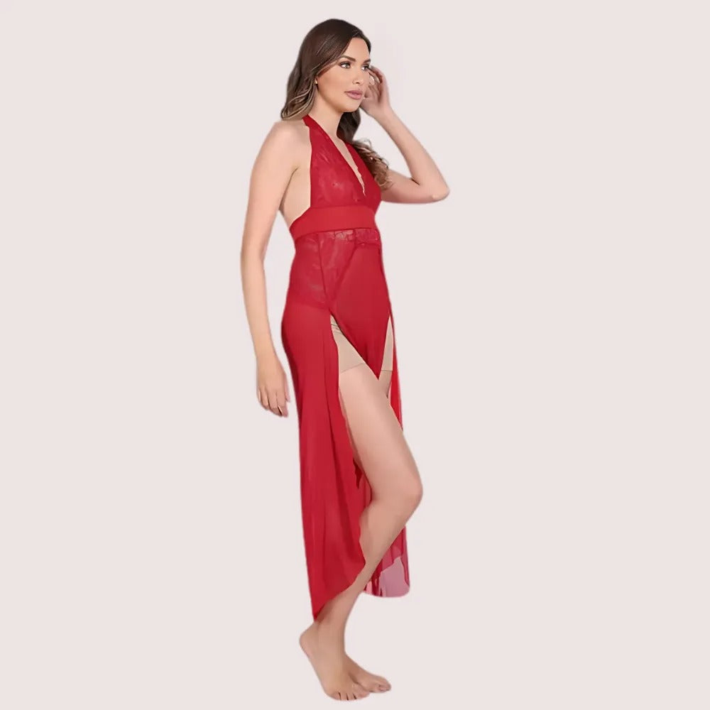 Woman wearing a red dress with a slit on a beige background