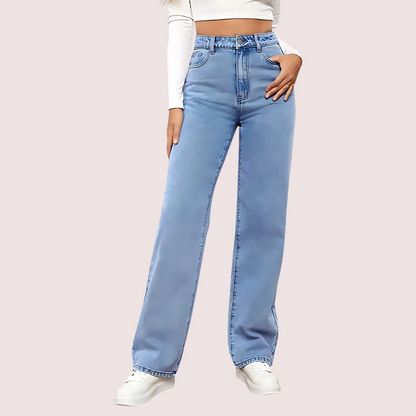 Women's fashionable washed high waist straight light blue jeans with five-pocket styling and zip-fly closure