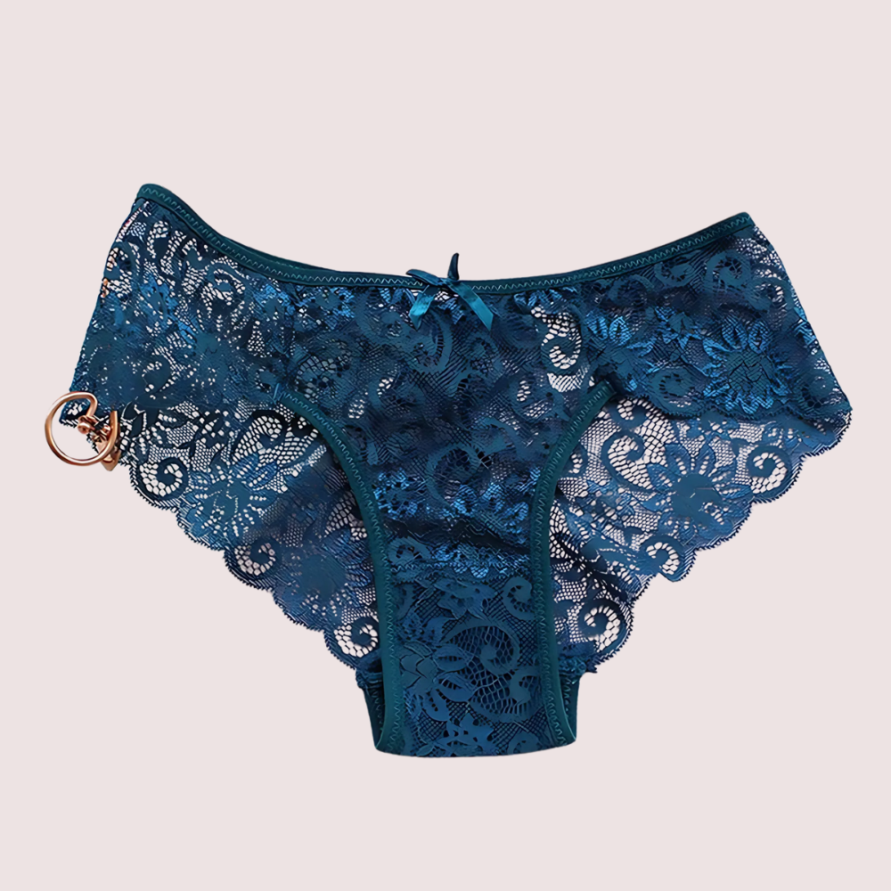 Blue lace underwear on a light gray background