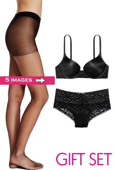 Black lingerie set including bra and panties with a person wearing brown stockings on a white background.