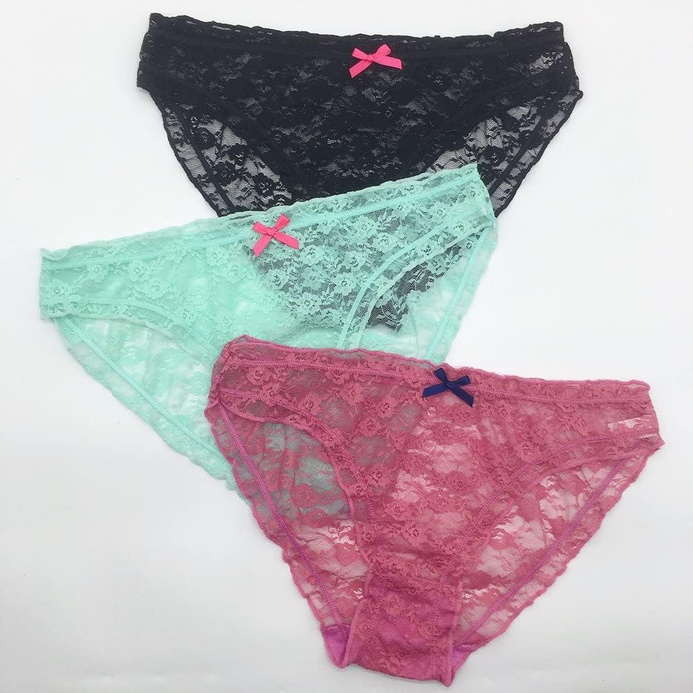 Three pairs of lace underwear in black, green, and pink with bow accents on a white background.