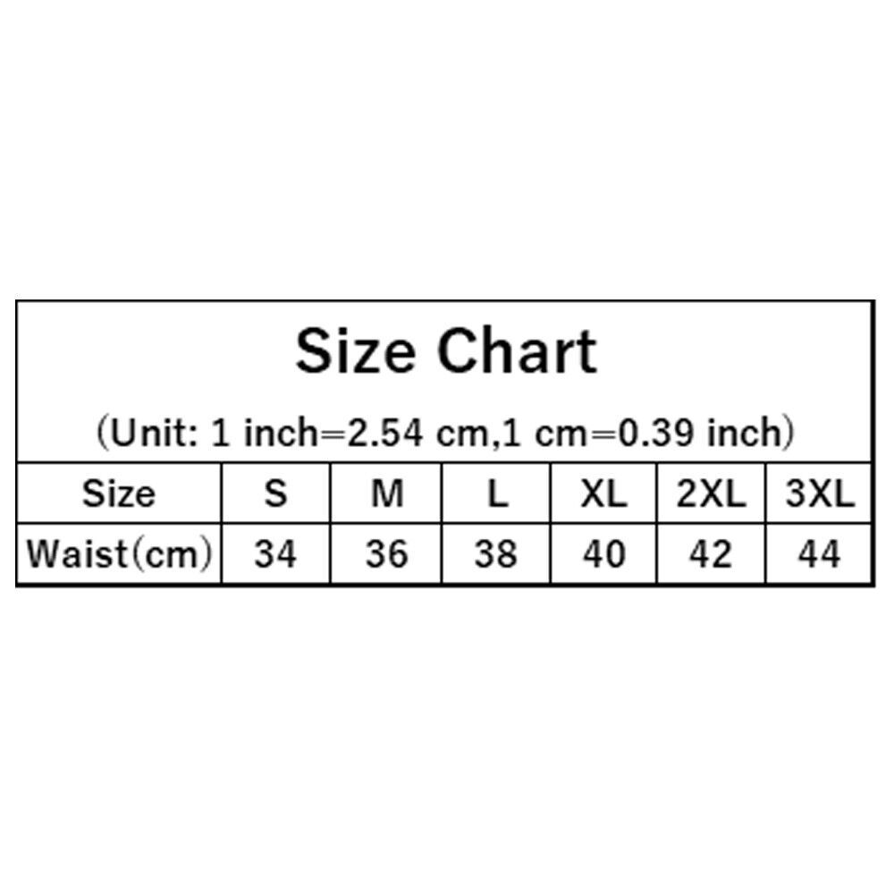 Size chart for clothing with waist measurements in centimeters