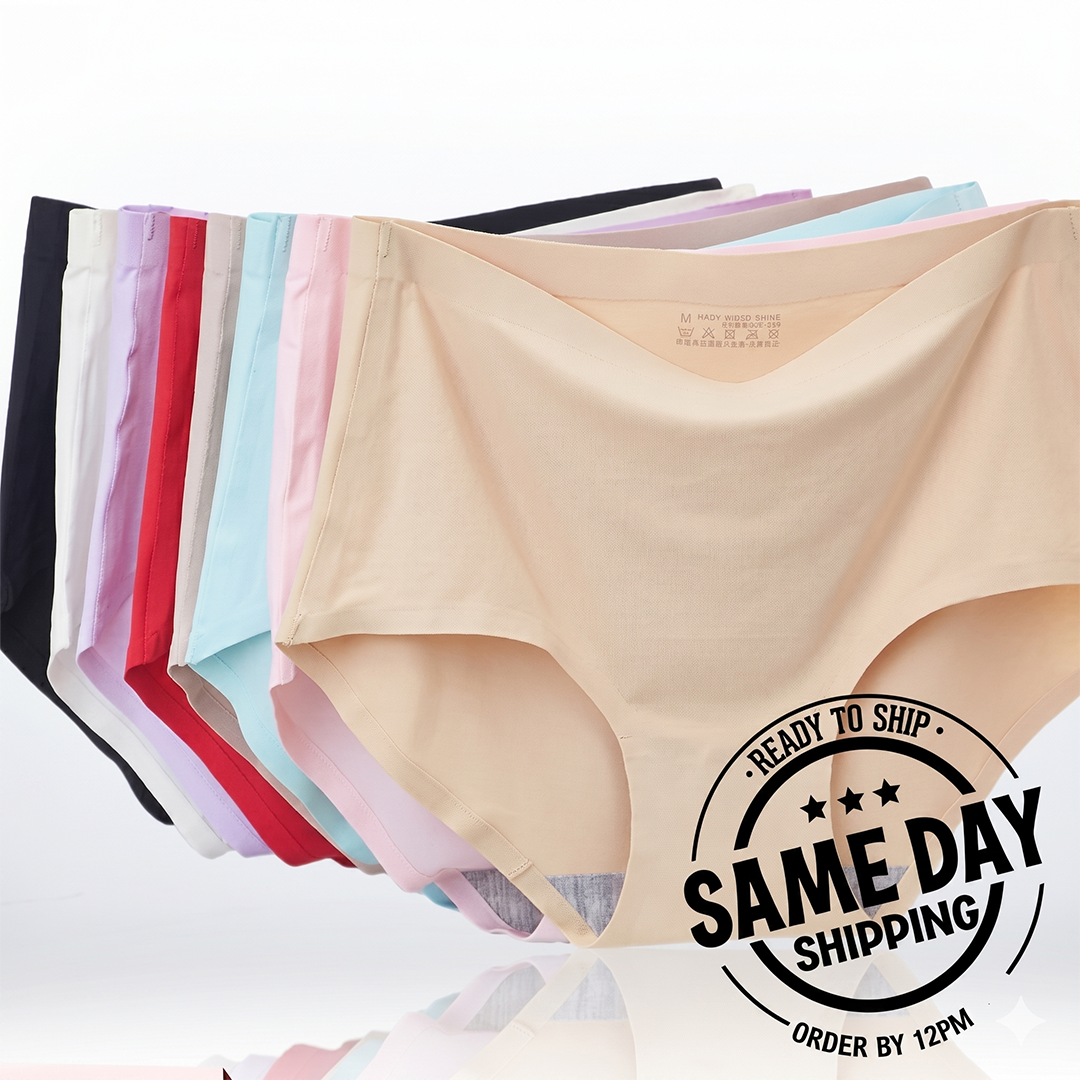 Beige women's underwear with various colors in the background and 'Same Day Shipping' stamp.