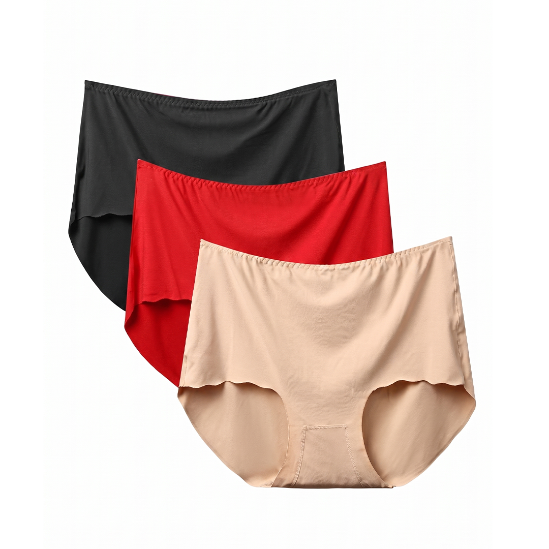 Three pairs of women's underwear in black, red, and beige on a white background